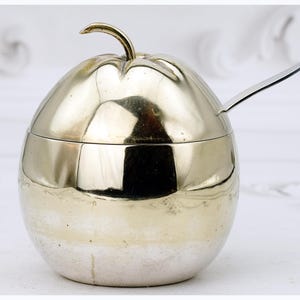Może przedstawiać: Srebrny pojemnik w kształcie jabłka z pokrywką i małą łyżeczką. Pojemnik ma uchwyt w kształcie łodygi i gładką, odblaskową powierzchnię. Łyżeczka jest włożona do pojemnika.