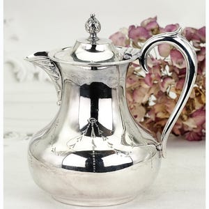 Op de afbeelding: Een zilverkleurige kan met een gebogen handvat en een deksel met een decoratieve knop. De kan heeft een bolvormige body en een tuit. Fijne bloempatronen zijn op het oppervlak geëtst. De achtergrond toont gedroogde bloemen.