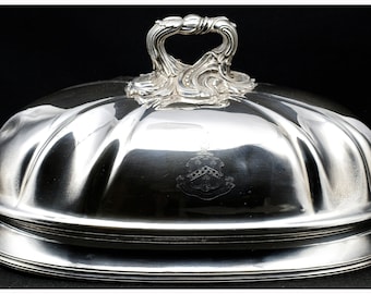 Antique Silver Meat Dome, Tabletop Food Cover, Elegant Serving Tray Lid, Antique Dining Serving Ware, Auxilium Meum Ab Alto