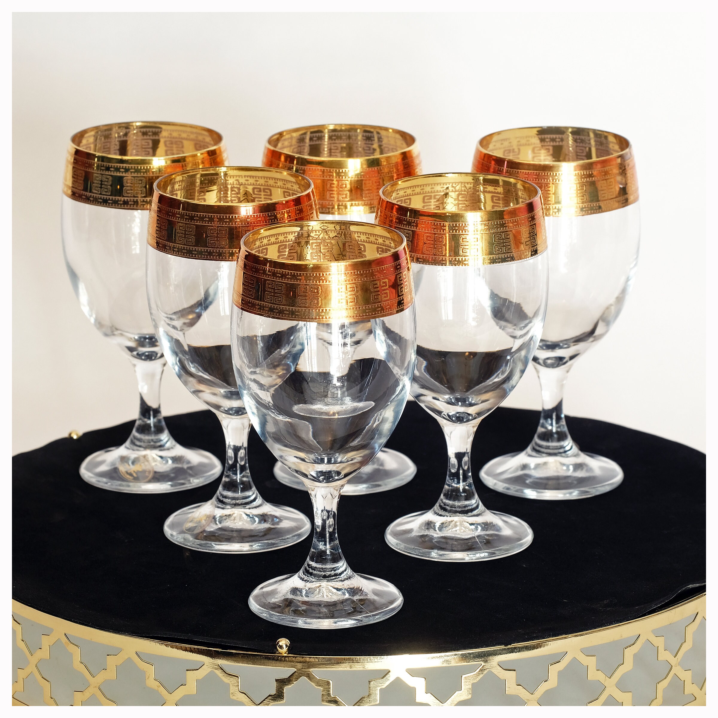 Gold Rimmed Greek Key Pint Glasses - Set of 6