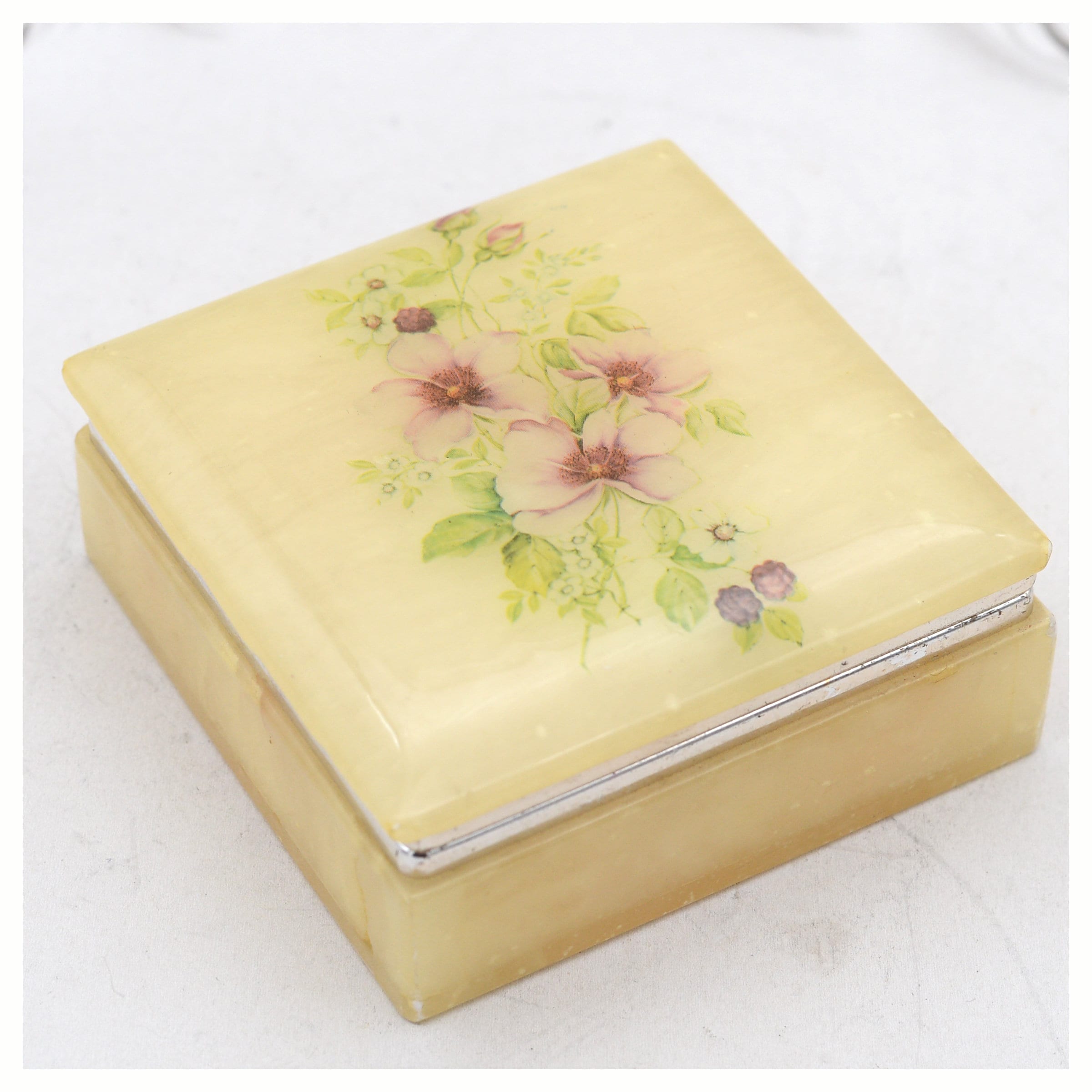 Vintage Italian Floral Alabaster Trinket Jewelry Holder Box
