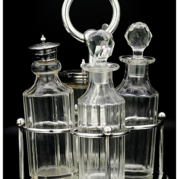 Antique Walker & Hall Sheffield Cruet Set Silver Plated Caddy Stand Glass Jars,  Edwardian Condiment Set 1923