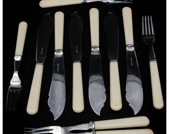 Vintage Walker & Hall Sheffield Set Tenedores de cuchillos de pescado, Set de cubiertos de pescado, Cubiertos ingleses, Cena elegante, Cubiertos de comedor de pescado