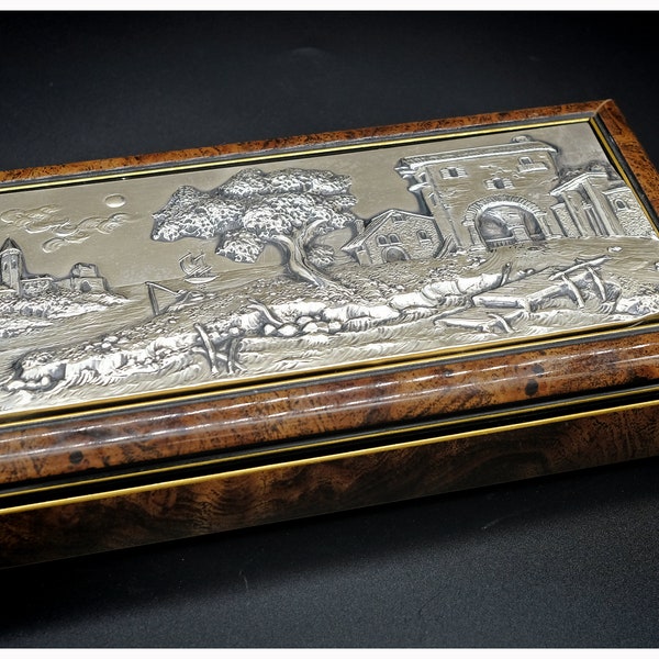 Italian Castellani Wood and Silver Topped Jewellery Desk Box 925 SILVER Bas-relief Plaque, Signed Silver Art Trinket Box