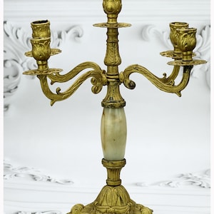 Vintage Italian Onyx Brass Ornate Five Branch Candelabra, Elegant Candelabra, Hollywood Regency Decor Candle Holder