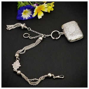 Antique Solid Silver Vesta Case, Antique 1895 Chester Solid Silver Chatelaine with Foliate Vesta Case – Victorian Match Holder