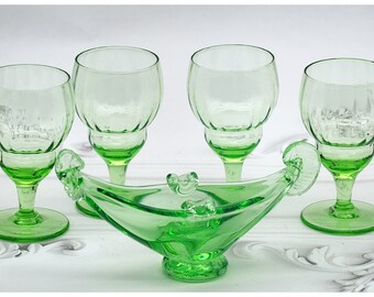 Mid Century Green Glass Brandy Sifter Glasses And Murano Ashtray, MCM Barware, Speciality Cocktail Glasses