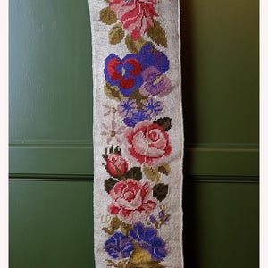Vintage Needlepoint Floral Bell Pull: Old World Tapestry Wall Hanging