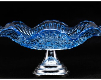 Vintage Bagley Pressed Glass Ruffled Cake Stand Metal Stand, Sierlijke Serving Ware, Blauw Glazen Cake Stand