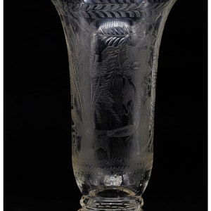 Victorian Etched Glass Fox And Crow Clear Glass Vase, Jean De La Fontaine Fable Vase, Antique etched ornate Clear Glass Vase