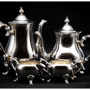 Stunning Vintage 4 Pce Silver Plated Tea Set, Edwardian Style Tea Service, Coffee Pot Teapot Creamer Sugar Bowl