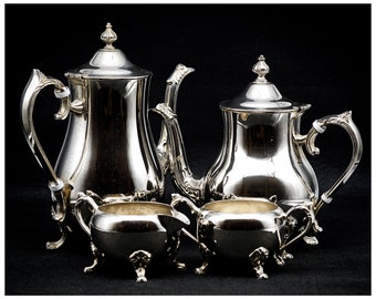 Stunning Vintage 4 Pce Silver Plated Tea Set, Edwardian Style Tea Service, Coffee Pot Teapot Creamer Sugar Bowl