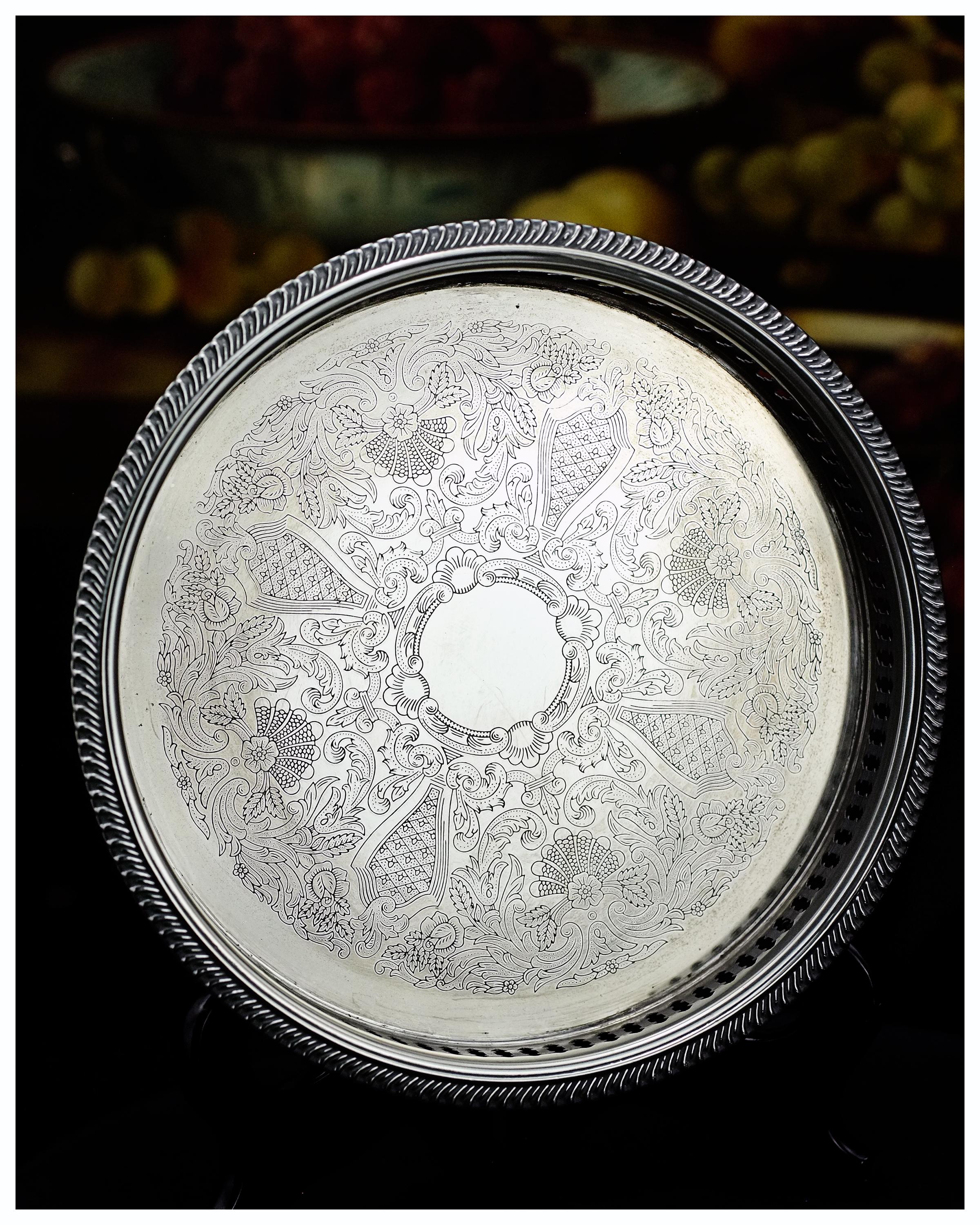 Vintage Chased Silver Plated Gallery Tray: Ornate Victorian