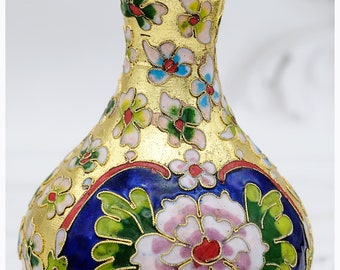 Chinois Champleve Cloisonné Peint à la Main Vase Doré émaillé 15 cms