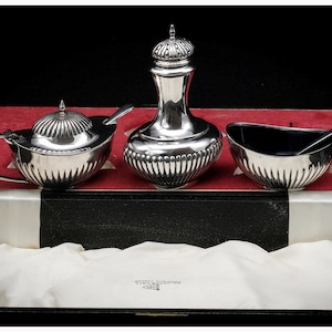 Antique Walker & Hall Silver Plated Condiment Set Bristol Blue Glass Liners Elegant Dining Ware