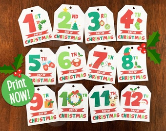 12 Days of Christmas Printable Gift Tags - Twelve Days of Christmas - Kids Treats, Party favors Instant Download PDF