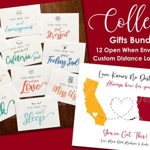 May include: A college gifts bundle with 12 open when envelopes and a custom distance love map. The map features two states connected by a dotted line with a heart shape and an airplane. The text on the map reads "Love Knows No Distance, Always here for you! You've Got This! Love, Mom, Dad, Madison & Koda".