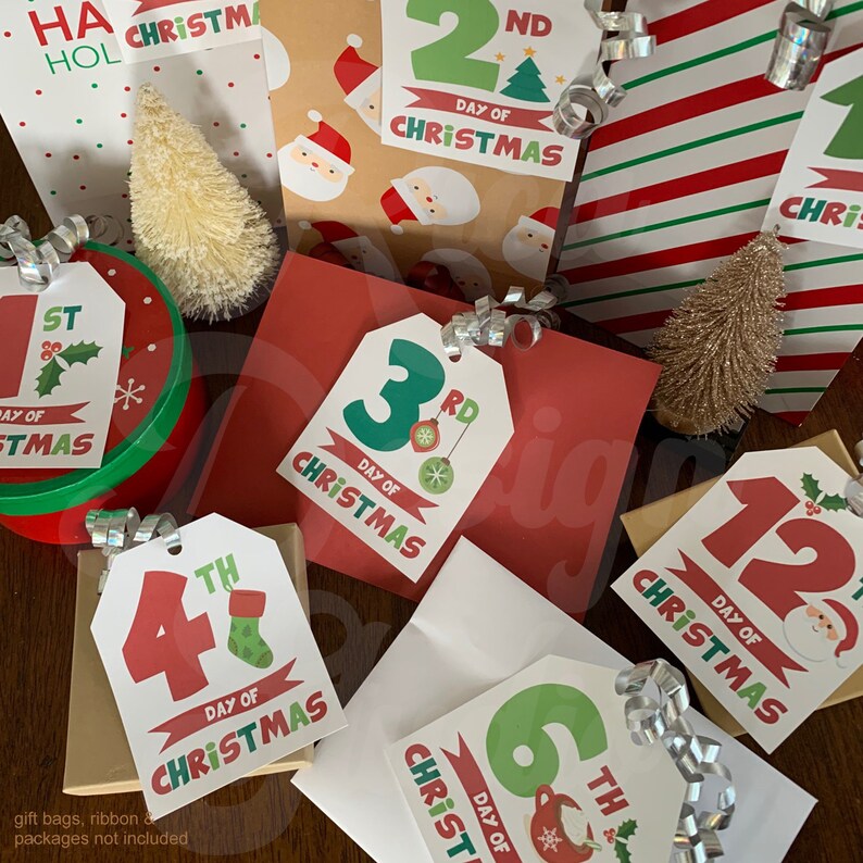 May include: Twelve colorful gift tags with numbers and the text "Day of Christmas" for a Christmas advent calendar.