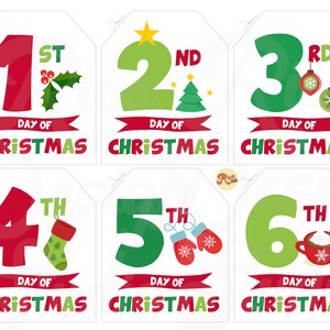 May include: Six Christmas countdown tags with red, green, and white colors. Each tag features a number from 1 to 6 with the corresponding ordinal or cardinal number, a Christmas-themed illustration, and the text "Day of Christmas".