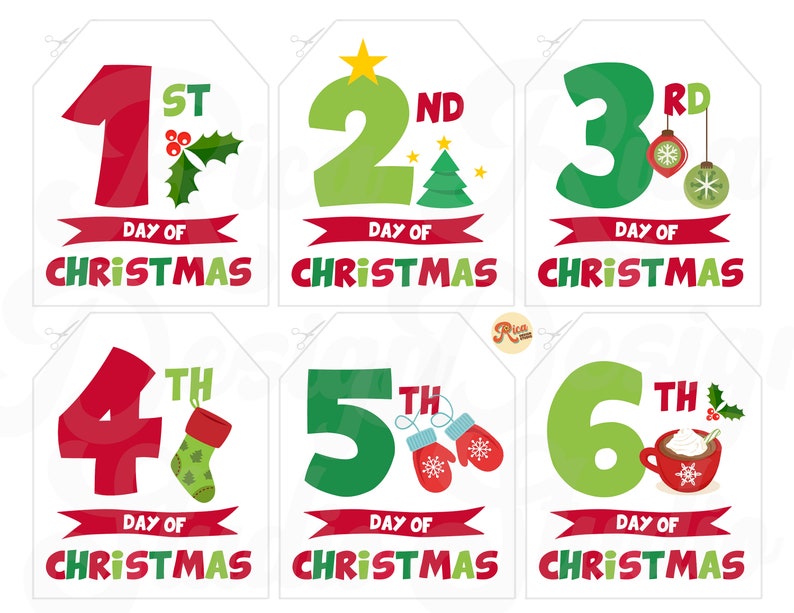 May include: Six Christmas countdown tags with red, green, and white colors. Each tag features a number from 1 to 6 with the corresponding ordinal or cardinal number, a Christmas-themed illustration, and the text "Day of Christmas".