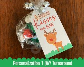 Personalized  Reindeer Kisses Treat Tags Holiday Gift Favor Tags Class Party Birthday Download PDF