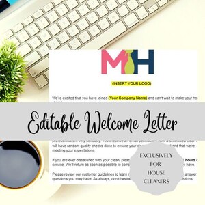 May include: Editable welcome letter template with a pink, green, and blue logo with the letters MH. The text reads "We're excited that you have joined (Your Company Name) and can't wait to make your home shine!" and "Exclusively for House Cleaners".