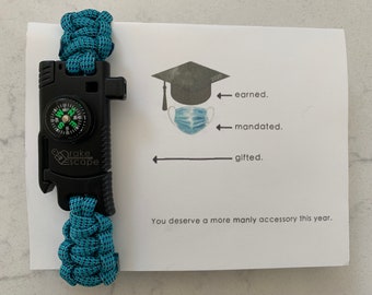 Earned. Mandated. Gifted. Graduation Card with Lake Paracord Bracelet - 8 in 1 Paracord & 5 in 1 Buckle