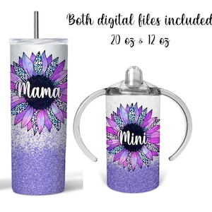 Mommy and Me Glitter Purple Sunflower Tumbler Wrap Set PNG Digital Download for Sublimation (STRAIGHT)
