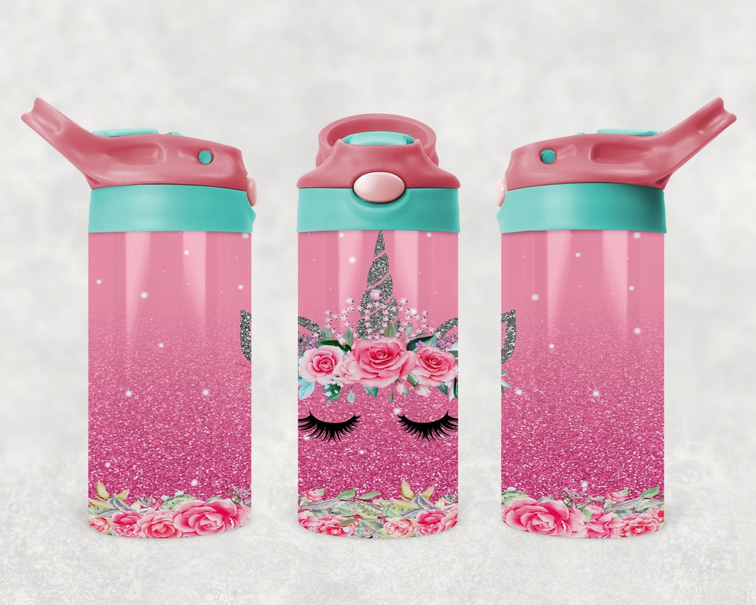12 Oz Kids Unicorn Floral Sparkle Glitter Tumbler Wrap Flip Top PNG ...
