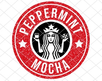 Puede incluir: Pegatina redonda roja y blanca con el texto "Peppermint Mocha" en blanco. La pegatina presenta una ilustración en blanco y negro de una sirena sosteniendo una taza de café y un bastón de caramelo.