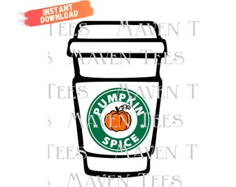 May include: A black and white illustration of a coffee cup with a green circle around it that says "Pumpkin Spice". Inside the circle is a small orange pumpkin.