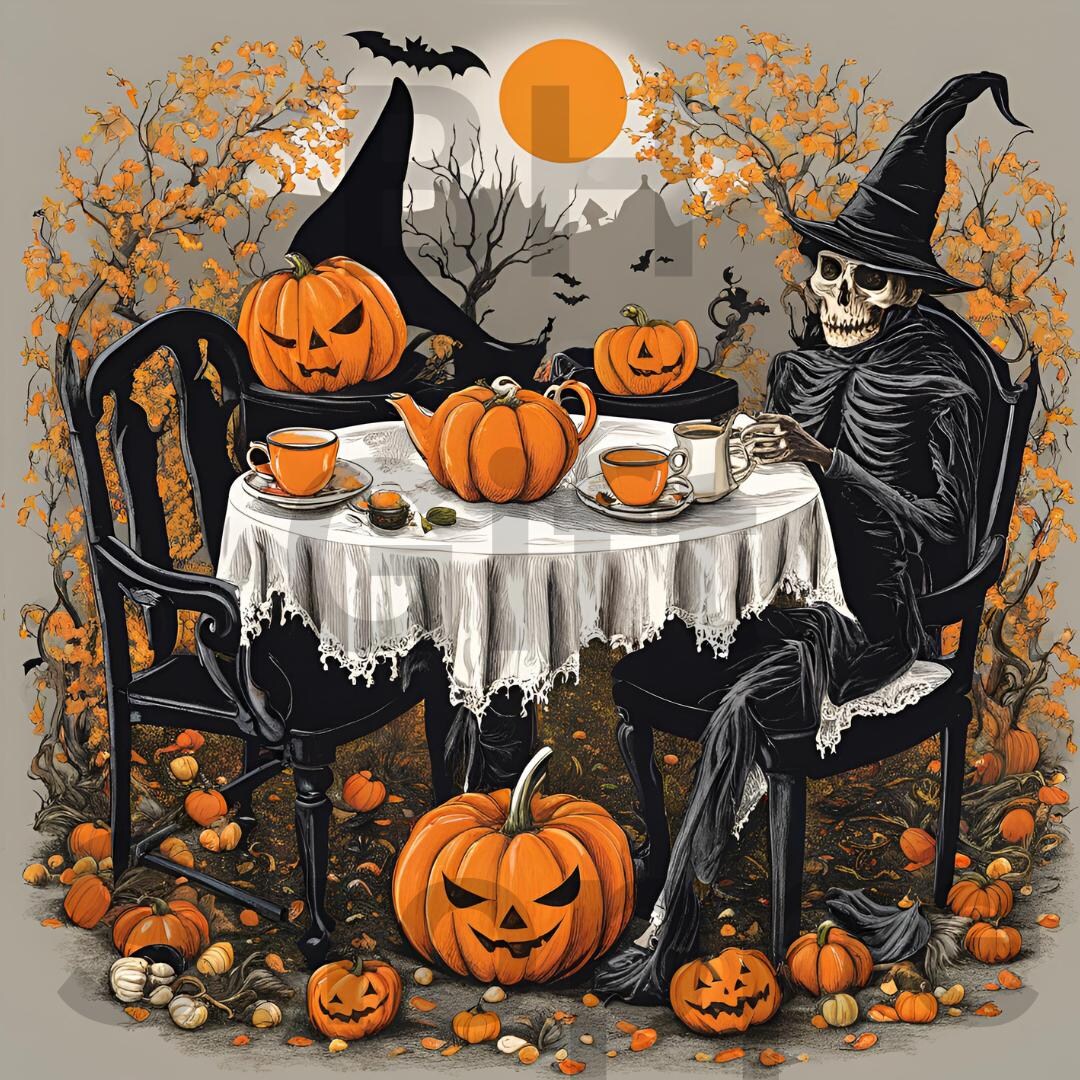 Spooky Tea Party Digital Art | Skeleton Witch Halloween Print | Instant ...