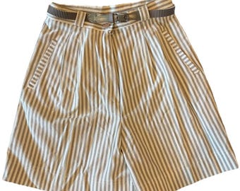 Chaus Vintage Brown And Cream Cotton MADE IN IRELAND Belted Shorts
