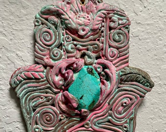 Hamsa Hook, wall hanging, protection, polymer clay, Judaica