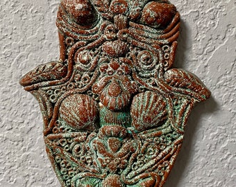 Antique Shell Hamsa, polymer clay, hand of God, wall hanging, Jewish decor