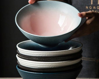 Blumen Pinellia Japanese-style Blue Ceramic Bowl Creative Home Cutlery Ramen Retro Soup Bowl Rice Bowl 700ml… 