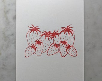 linocut print • strawberries • 5x7 • handprinted • red