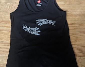 handprinted tank top with linocut skeleton hands design • thrifted t-shirt • reworked