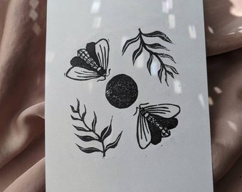 linocut print • botanical moth pattern • 5x7 • handprinted