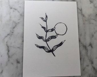 linocut print • leaf with sun • 5x7 • handprinted