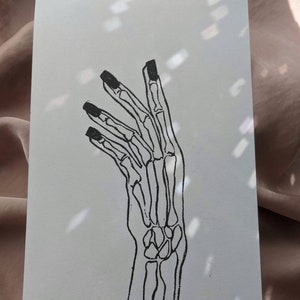 linocut print • skeleton hand • 5x7 • handprinted