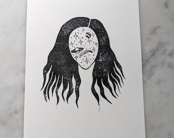 linocut print • spacing out • 5x7 • handprinted • black