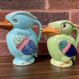 Pair of Vintage Tropical Bird Pitchers/Vases - Mid Century Colorful Hand Painted Mugs w/ Spout in Mouth - Lovely Kitchen Decor Made in Japan