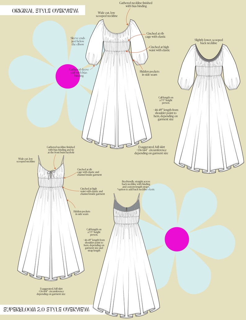 May include: Line drawing illustration of three white dresses with different neckline styles. The dresses have cinched waists, hidden pockets, and gathered sleeves. The text "ORIGINAL STYLE OVERVIEW" and "SUPERBLOOM 2.0 STYLE OVERVIEW" is included in the image.
