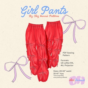 GIRL PANTS - PDF Sewing Pattern Download - Easy Elastic Waist Women's Pants with Bows