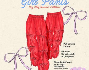GIRL PANTS - PDF Sewing Pattern Download - Easy Elastic Waist Women's Pants with Bows