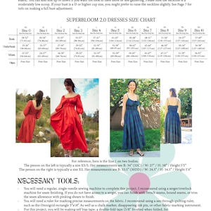 May include: A size chart for a Superbloom 2.0 dress pattern, with measurements for bust, underbust, waist, and hips in inches. The chart includes sizes 0 through 10. The image also includes a description of the necessary tools for sewing the dress, including a sewing machine, serger, ruler, marking tools, bias tape, safety pins, and a drawstring threader.