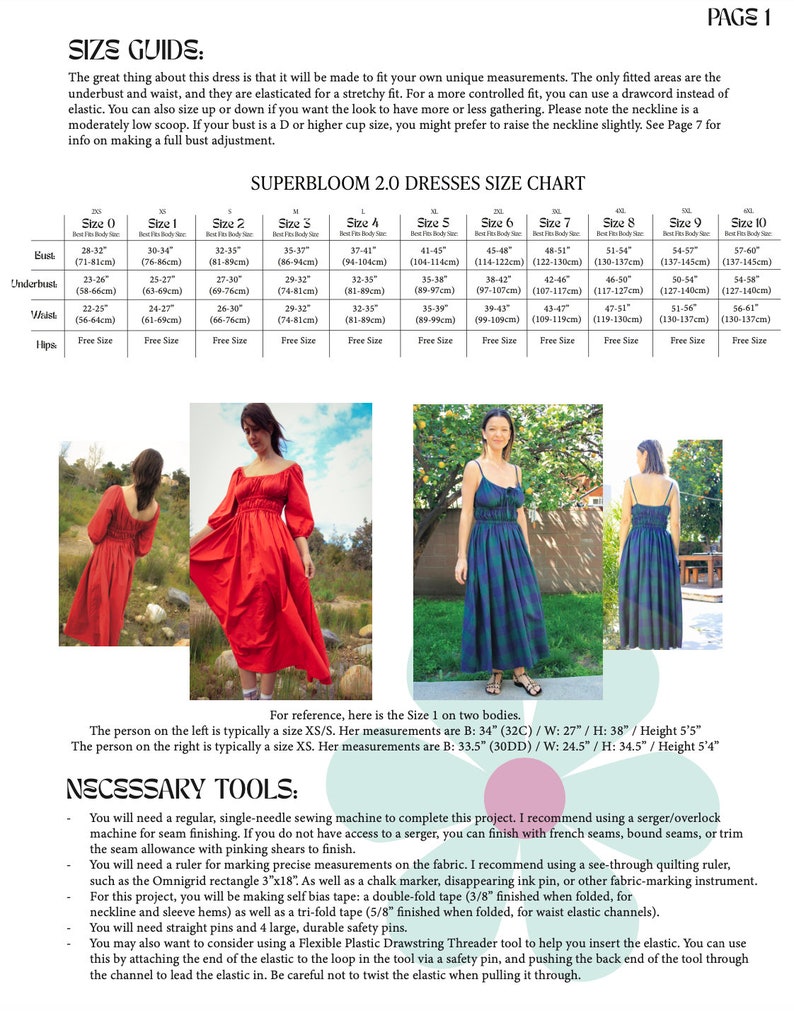 May include: A size chart for a Superbloom 2.0 dress pattern, with measurements for bust, underbust, waist, and hips in inches. The chart includes sizes 0 through 10. The image also includes a description of the necessary tools for sewing the dress, including a sewing machine, serger, ruler, marking tools, bias tape, safety pins, and a drawstring threader.