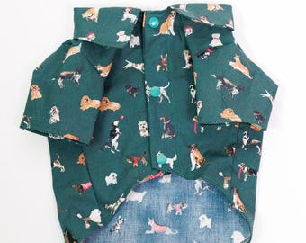 Dog Print Button-Up Shirt: Green Collared Pet Clothes