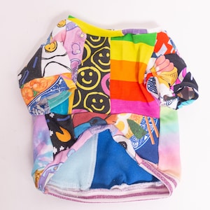 May include: A patchwork dog shirt with a variety of colorful patterns, including smiley faces, rainbows, and food-themed prints. The shirt has a yellow collar and a blue interior. The hem is trimmed with a sparkly pink ribbon.
